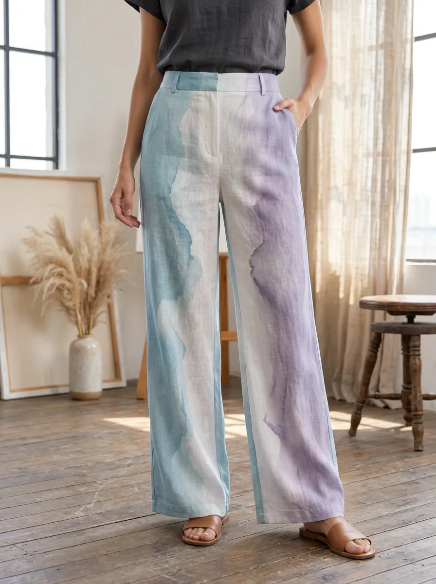 Women's Casual Style Blue Purple Watercolor Printed Wide Leg Pants