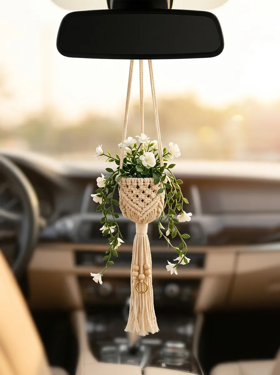 Macrame Floral Plant Rearview Mirror Hanging Ornament