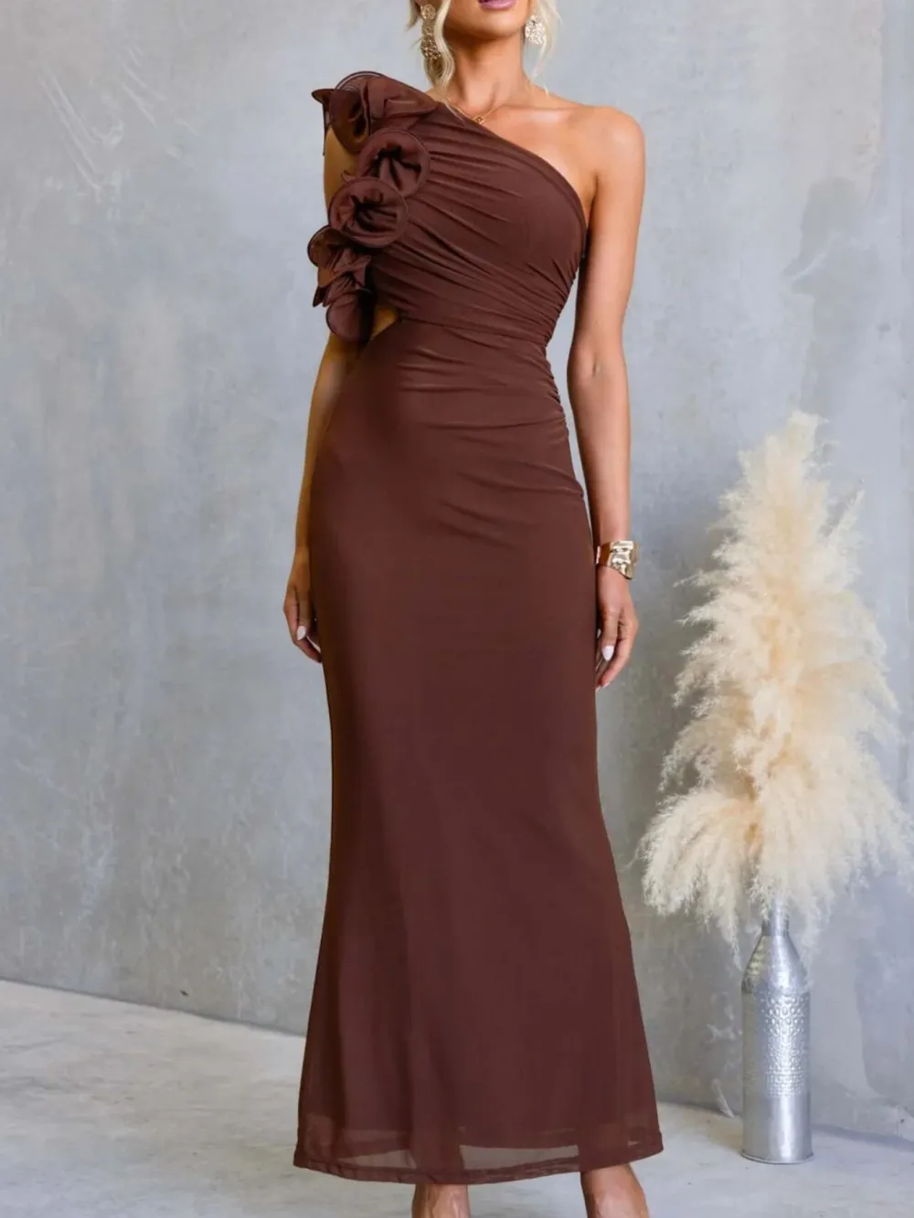 Ruched One-Shoulder Sleeveless Floral Maxi Dress