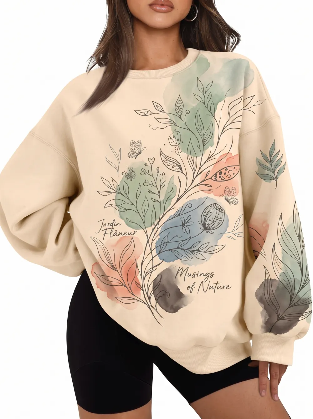 Women's Nature Lover Botanical Watercolor Line Art Printed Sweatshirt