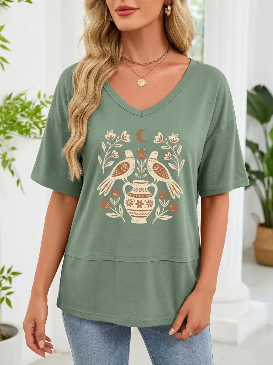 Women's Boho Bird Floral Vase Moon Printed V-Neck T-Shirt