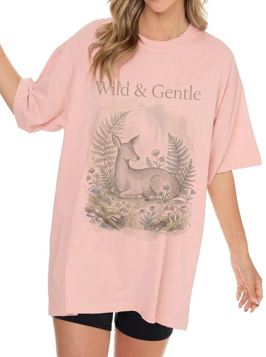 Women's Nature Lover Wild & Gentle Deer Mushroom Printed T-shirt