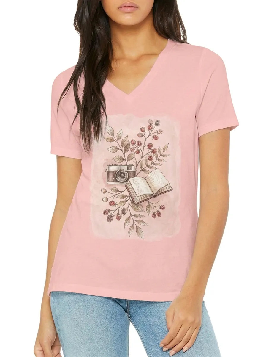 Women's Photography Book Lover Berry Floral Printed V-neck T-shirt