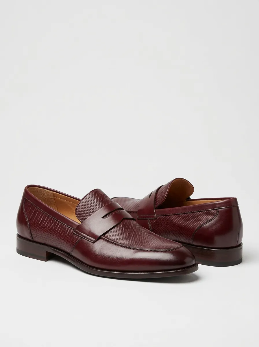 Men's Business Casual Textured Leather Penny Loafers