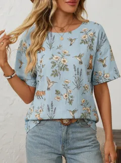 Hummingbird Fox Floral Women's Loose Printed T-Shirt