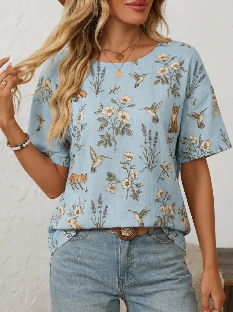 Hummingbird Fox Floral Women's Loose Printed T-Shirt