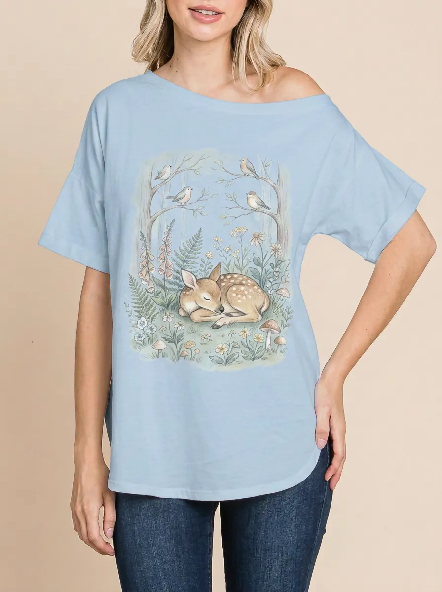 Women's Nature Lover Sleeping Fawn Forest Printed T-shirt
