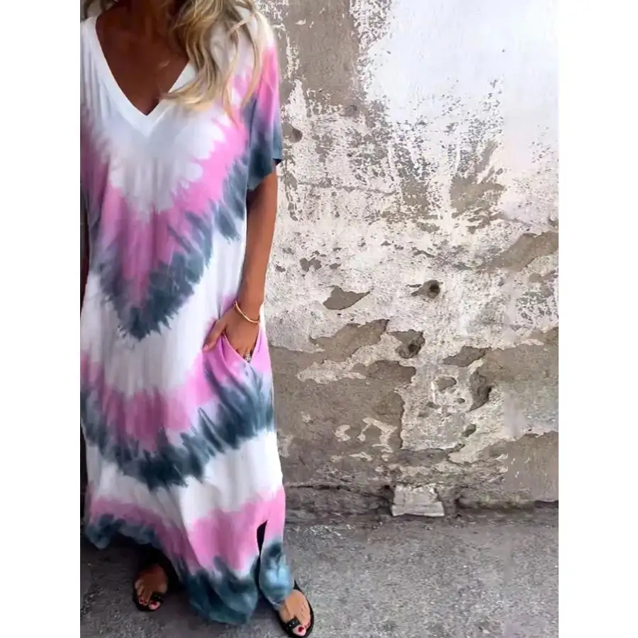 Full Size Tie-Dye V-Neck Midi Dress with Pockets Plus Size