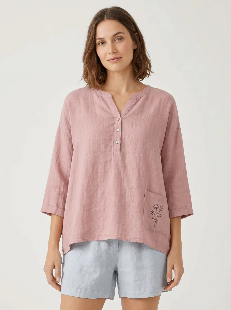 Women's Floral Minimalist Pink Botanical Printed Cotton And Linen Top