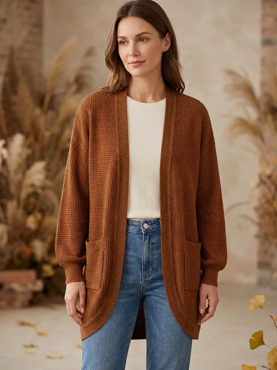 Everyday Waffle-Knit Knit Cardigan