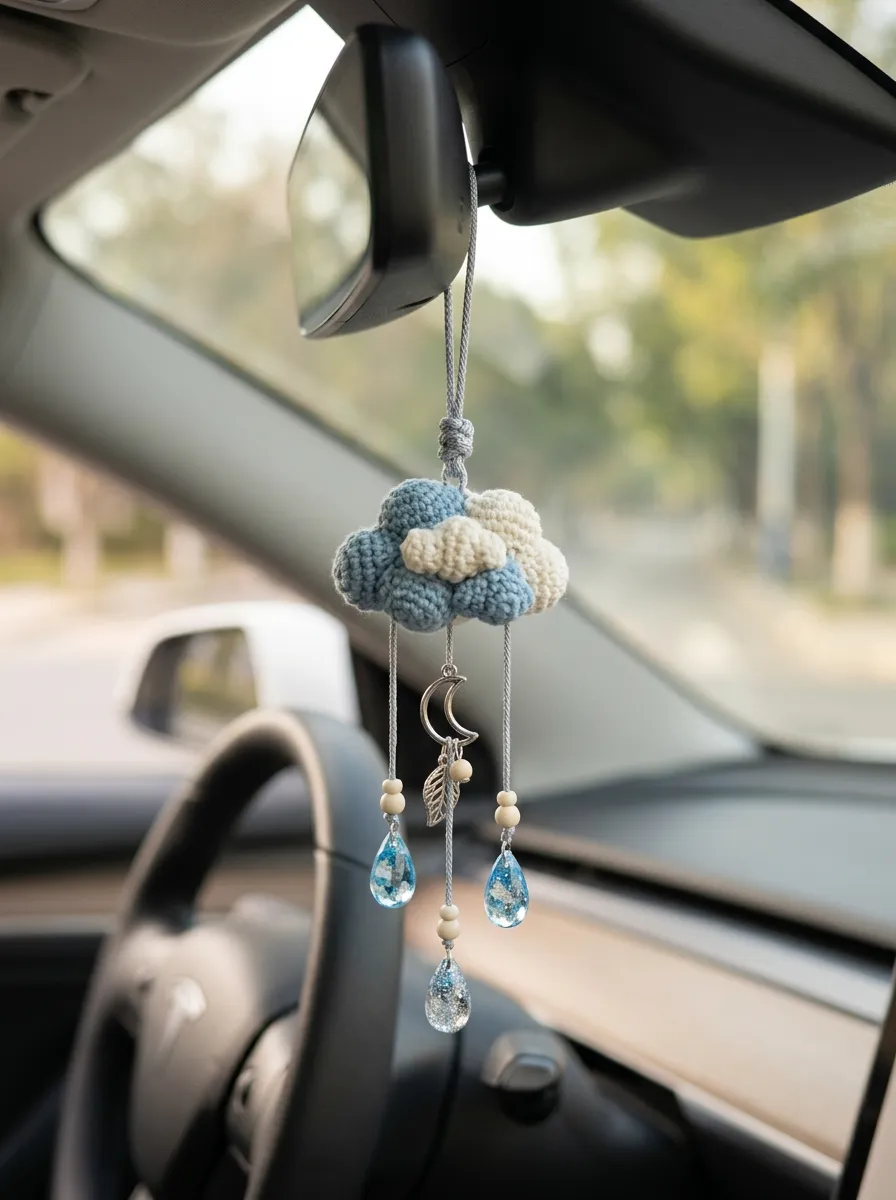 Crochet Crystal Rearview Mirror Hanging Ornament