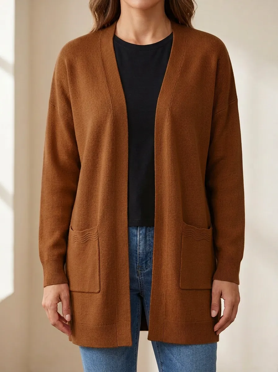 Wavy-Pocket Knit Cardigan
