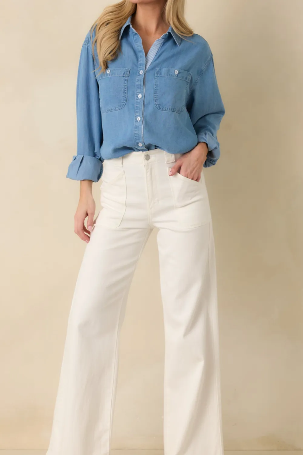 Denim Plaid Button Front Blouse