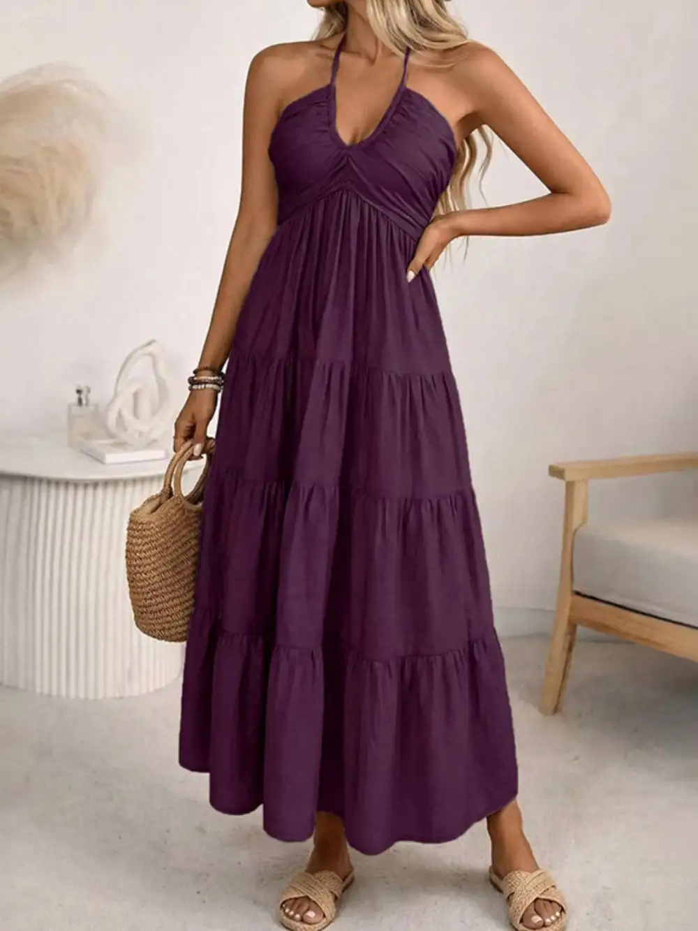 Tiered Halter Midi Dress