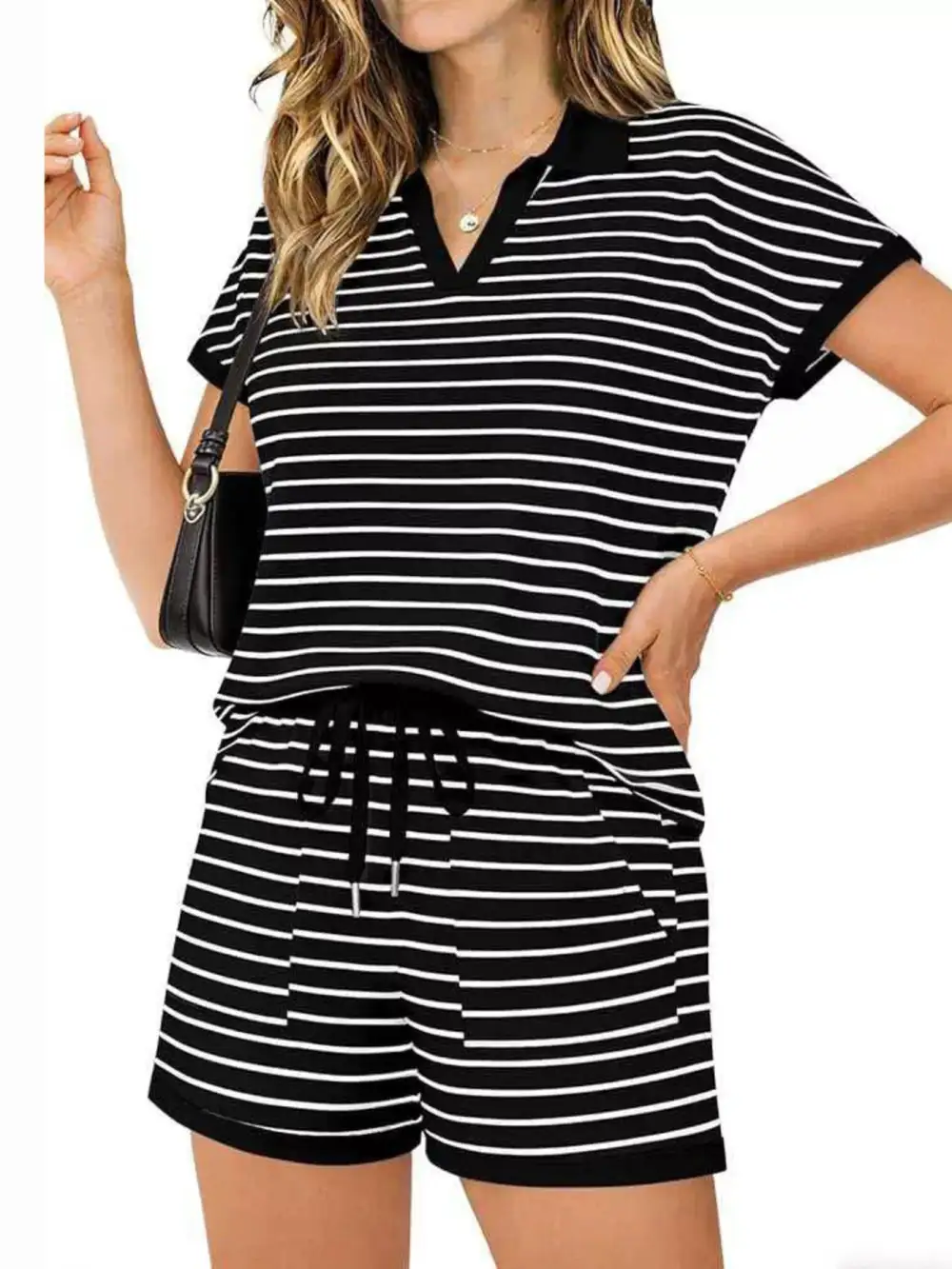 Striped Short Sleeve Polo Shorts Set