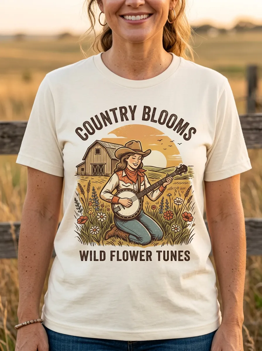 Acoustic Country Music Banjo Cowgirl Crew Neck T-Shirt