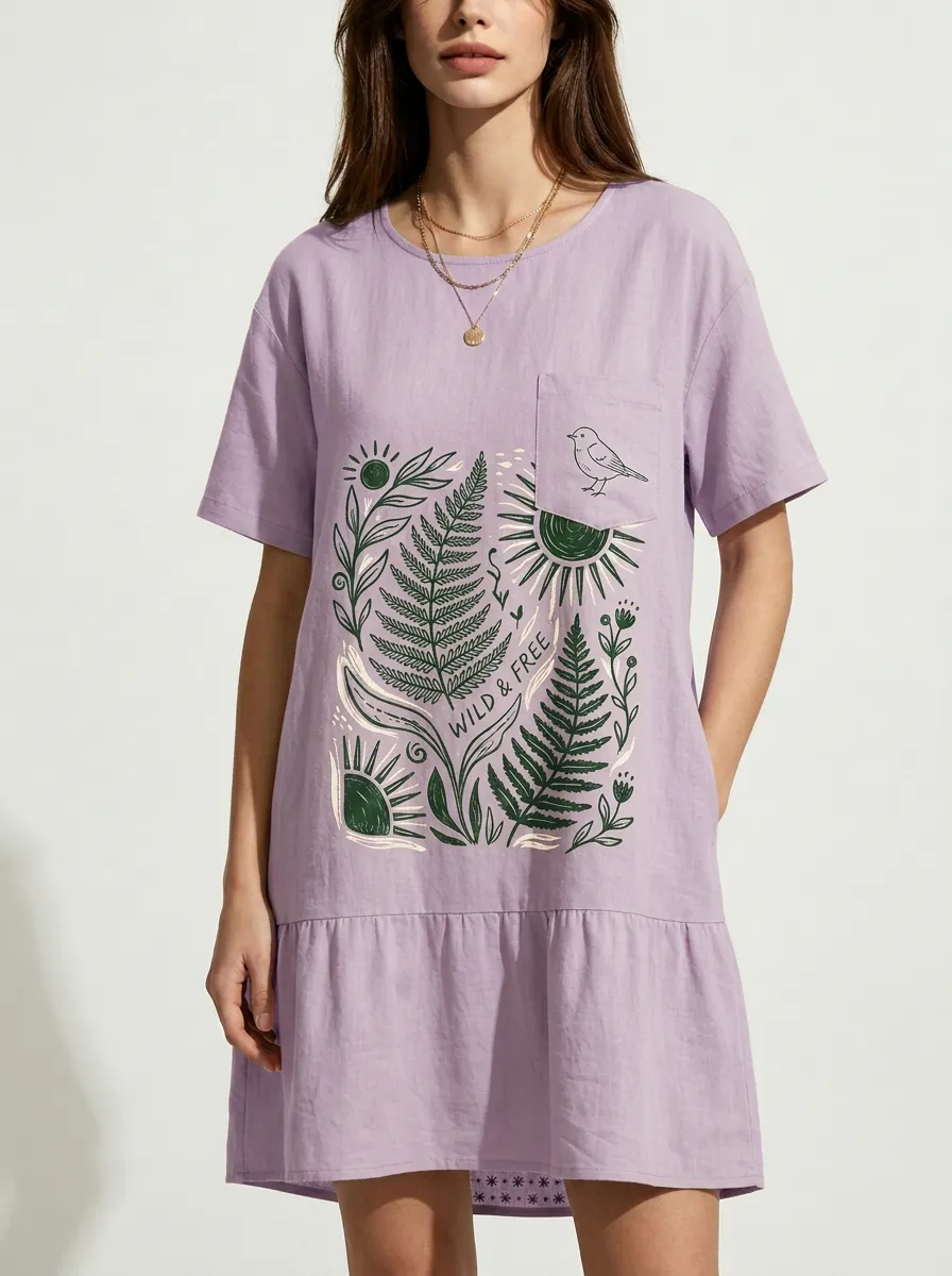 Nature Lover Fern Sun Bird T-Shirt Dress