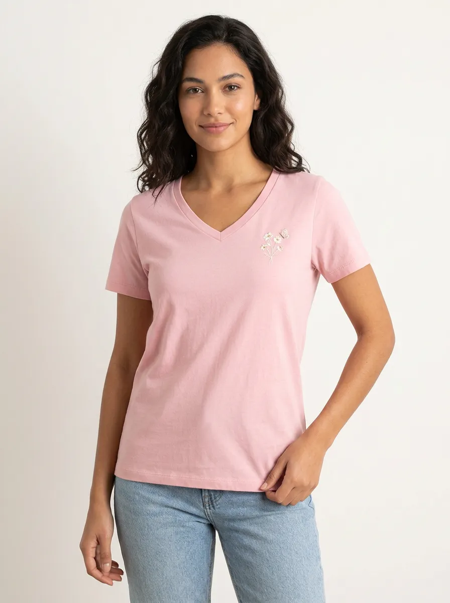 Women's Floral Lover Pink Butterfly Flower Printed V-neck T-shirt