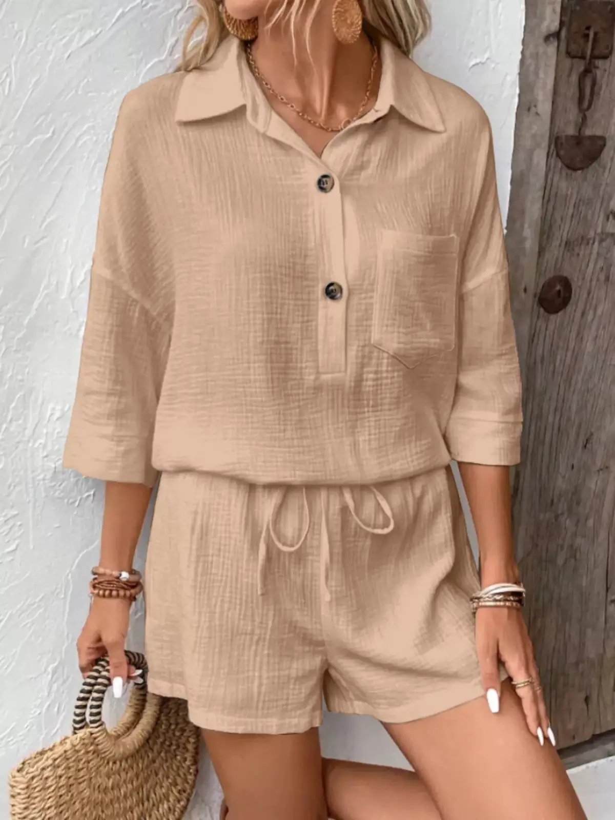 Button-Detail Pocketed Cotton Top and Shorts Matching Set