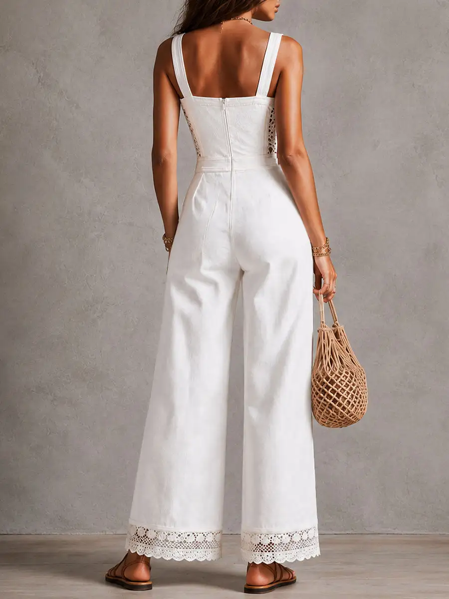 Boho White Denim Square Neck Crochet Lace Wide Legs Jumpsuit