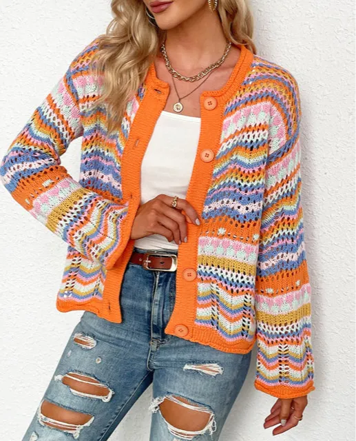 Round-Neck Long-Sleeve Relaxed Slim-Fit Cardigan