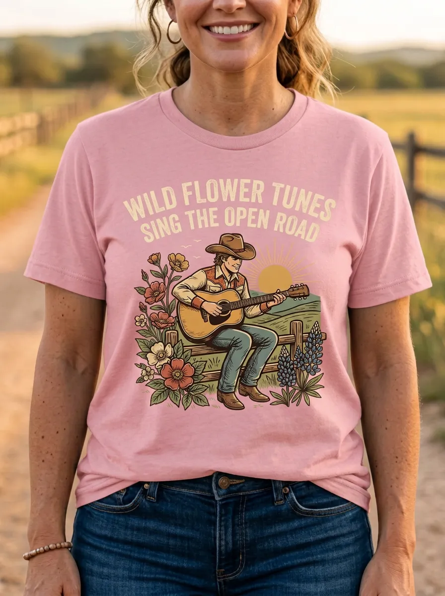 Guitar Floral Unisex Country Music Casual T-Shirt