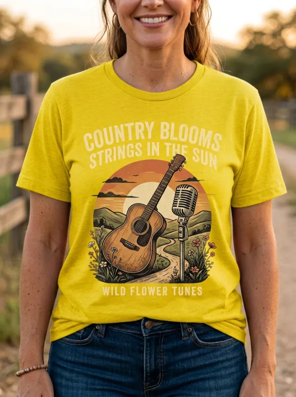 Guitar Wildflower Microphone Country Music Crewneck T-Shirt