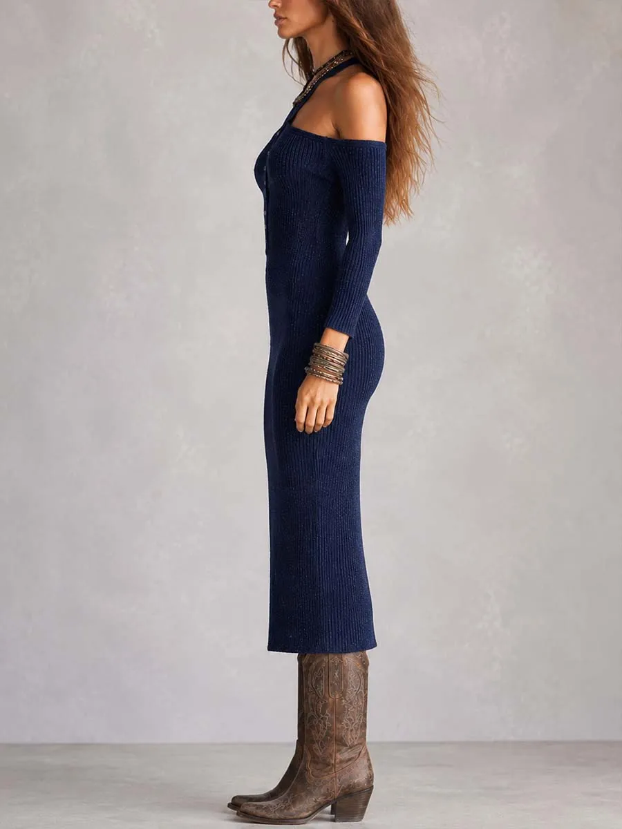 Boho Dark Blue Ribbed Knit Cold Shoulder Long Sleeve Slit Midi Dress