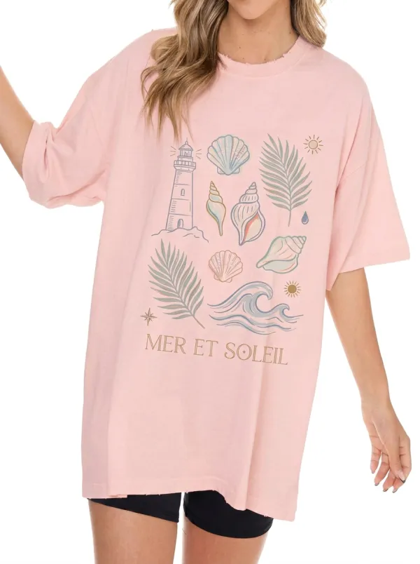 Women's Beach Lover Lighthouse Seashell Palm Printed T-shirt