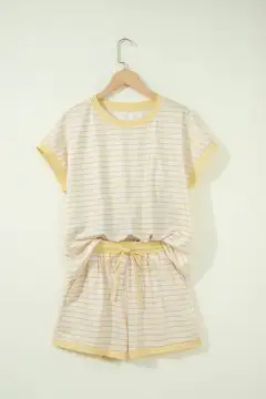Drawstring Elastic-Waist Pocketed Striped Two-Piece Tee and Shorts Set