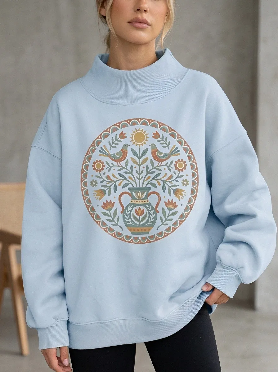 Women's Folk Art Bird Floral Vase Printed Sweatshirt