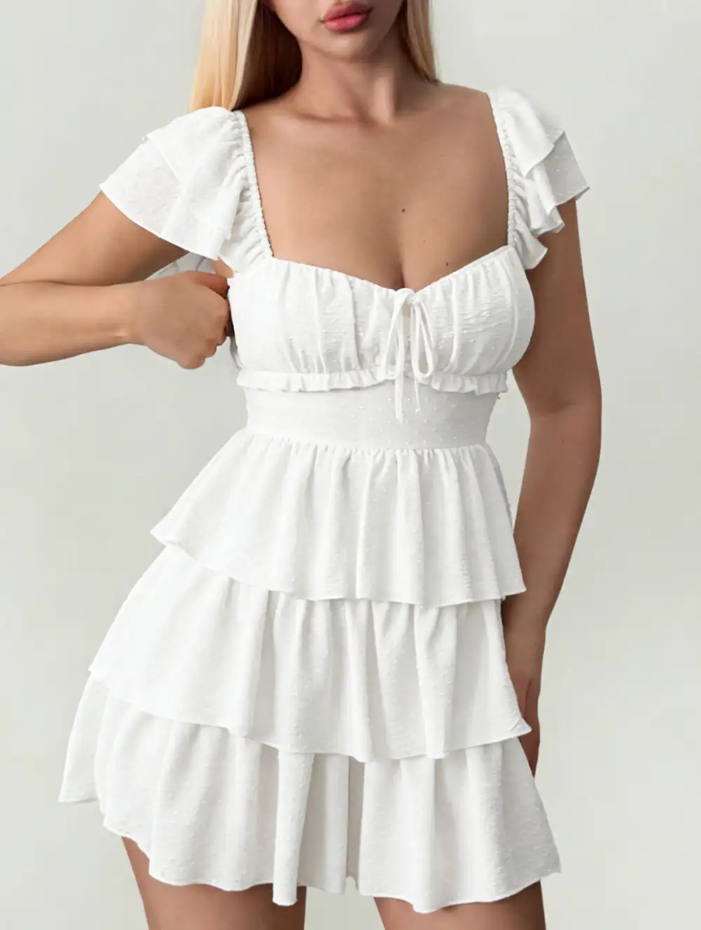 Square Neck Ruffle Backless Mini Dress