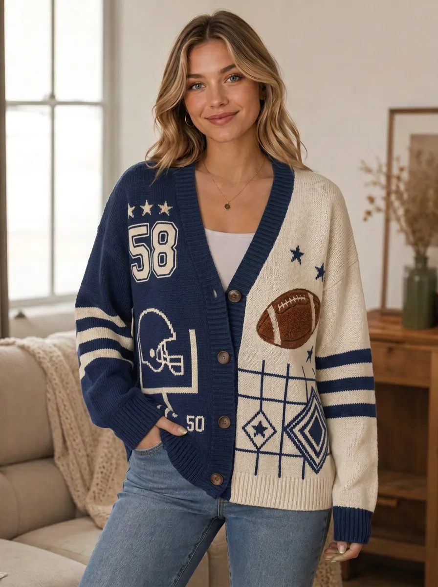 Women's Varsity Inspired Helmet Football Ball Knitted Cardigan