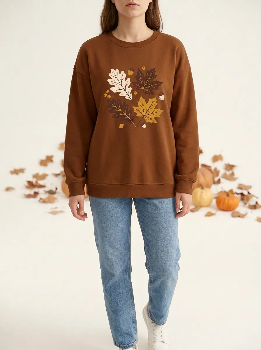 Botanical Printed Acorn Graphic Sweatshirt