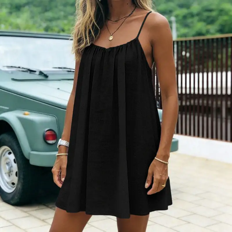 🌿Women's Summer Ruched Backless Cami Mini Dress, Spaghetti Strap A-Line Loose Fit Vacation Short Dress