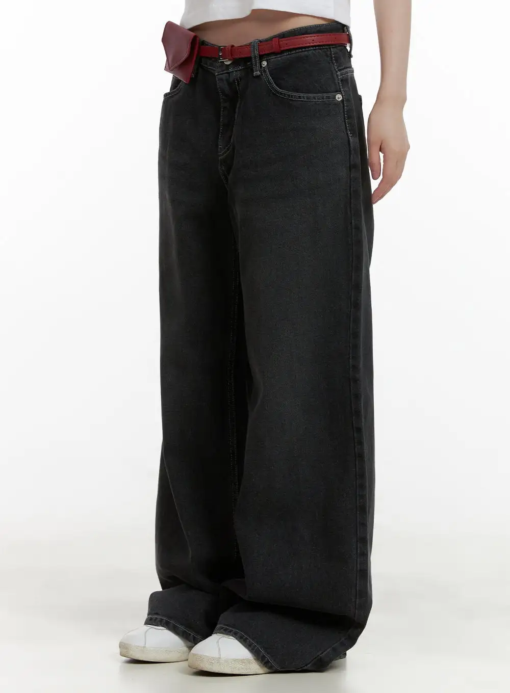 Wide-Fit Washed Low Rise Baggy Jeans