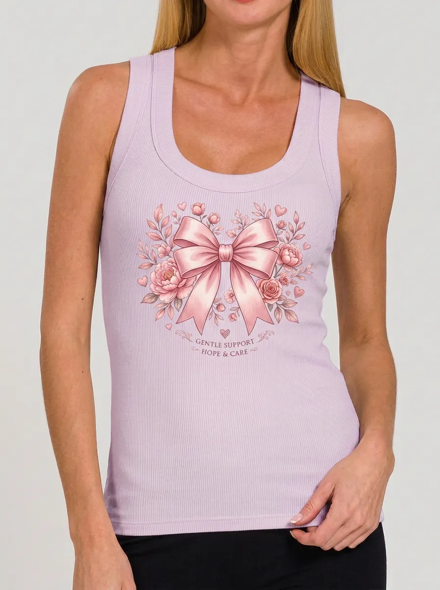 Women's Breast Cancer Awareness Pink Bow Floral Printed Tank Top
