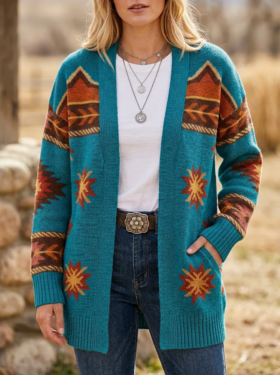 Women's Western B3 Aztec Star Pattern Printed Cardigan