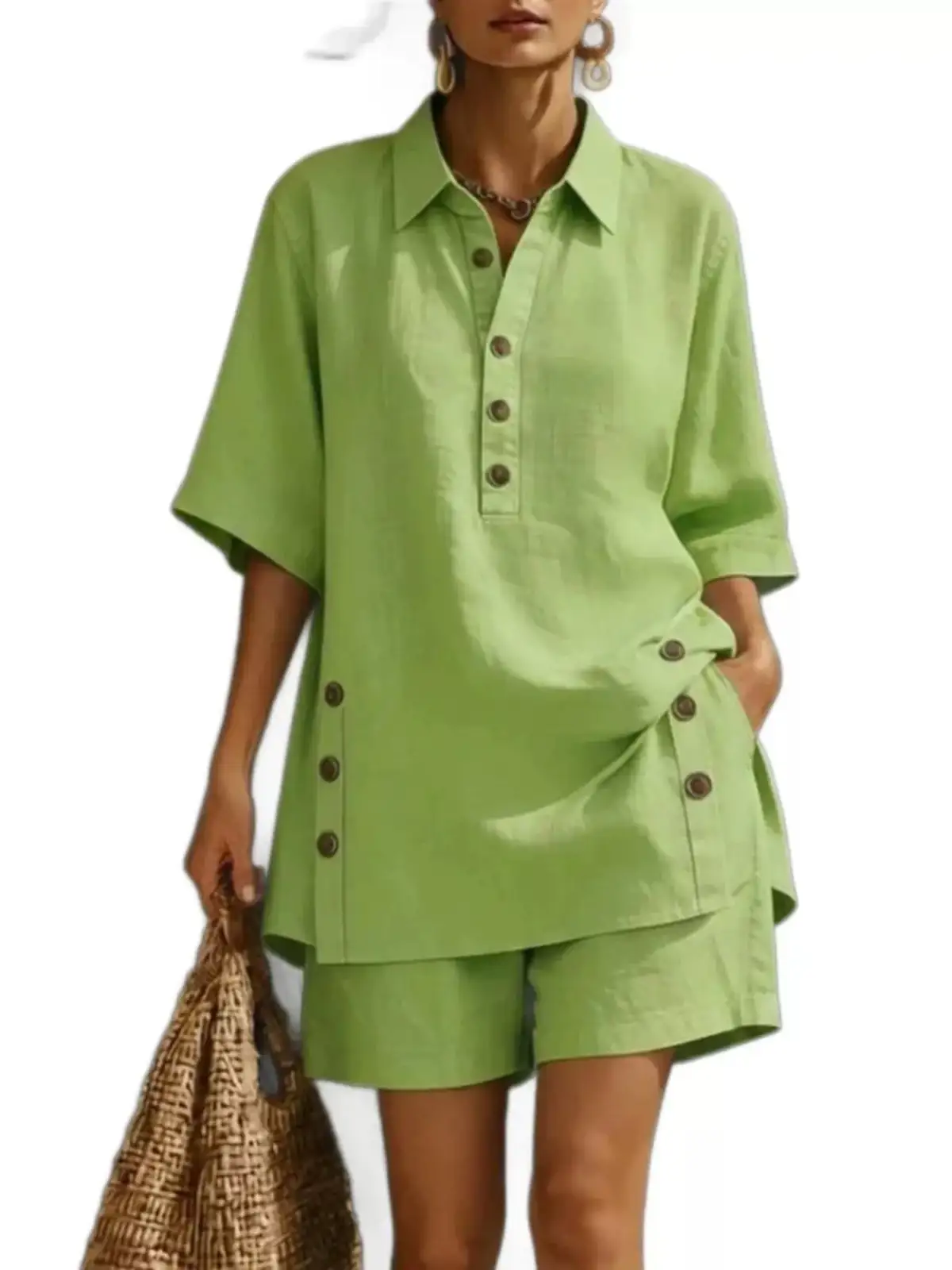 Pocketed Linen Shirt and Shorts Matching Set
