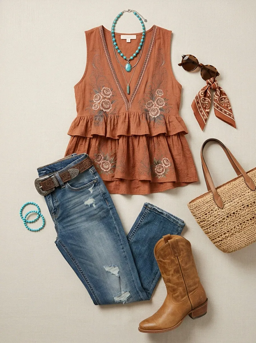 Women's Boho Floral Western Rose Printed Sleeveless Top