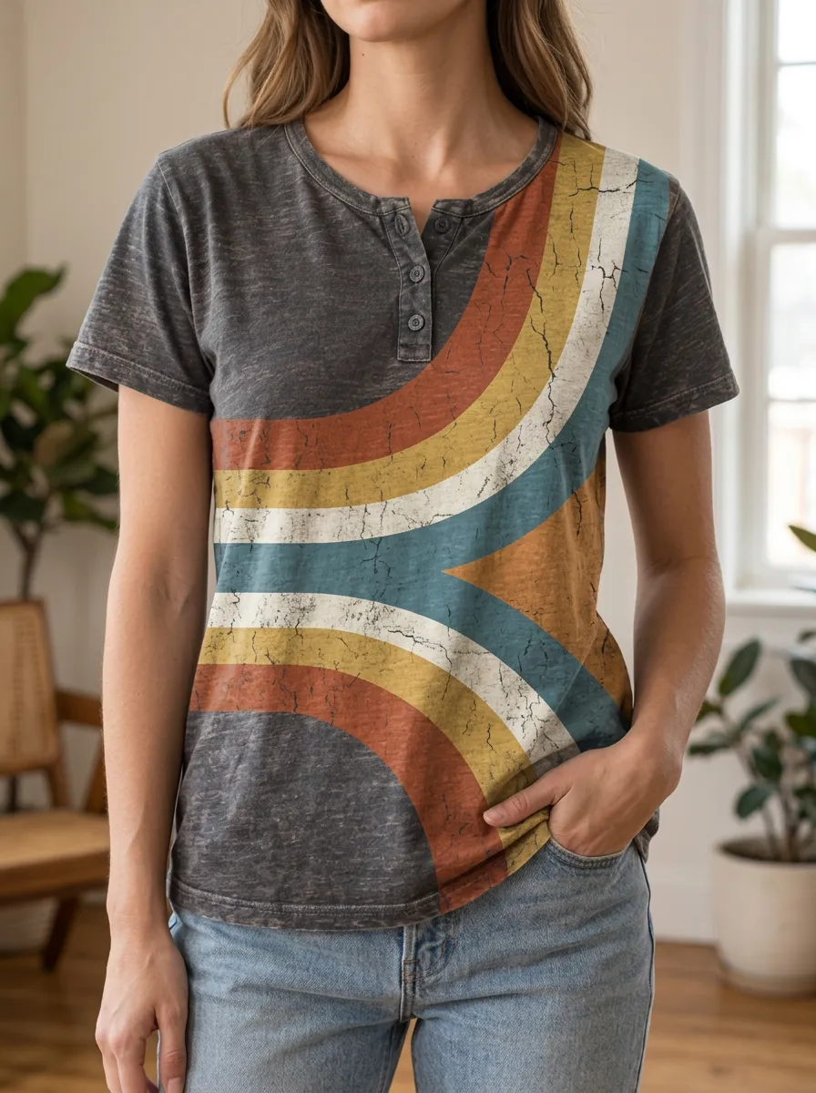 Women's Modern Retro Rainbow Striped Henley T-Shirt