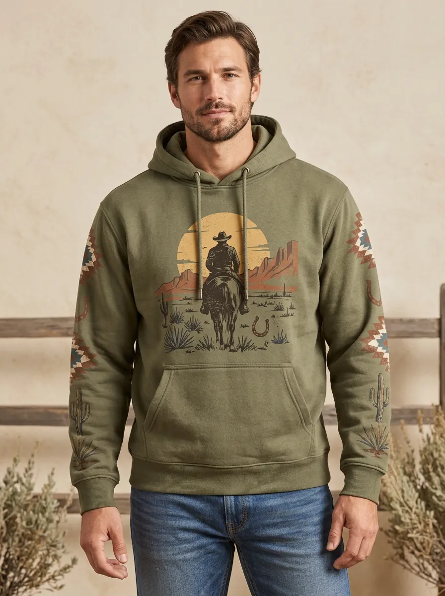 Men's Heritage Inspired Western Cowboy Desert Sunset Sun Graphic Hoodie