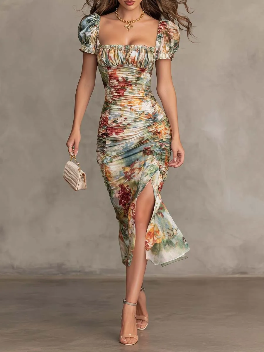 Retro And Elegant Floral Ruched Square-Neck Midi Dress
