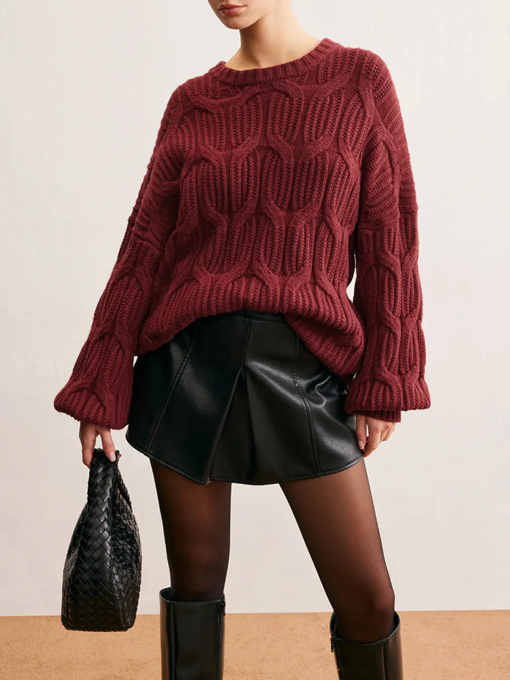 Twisted Knit Round Neck Drop Shoulder Sweater