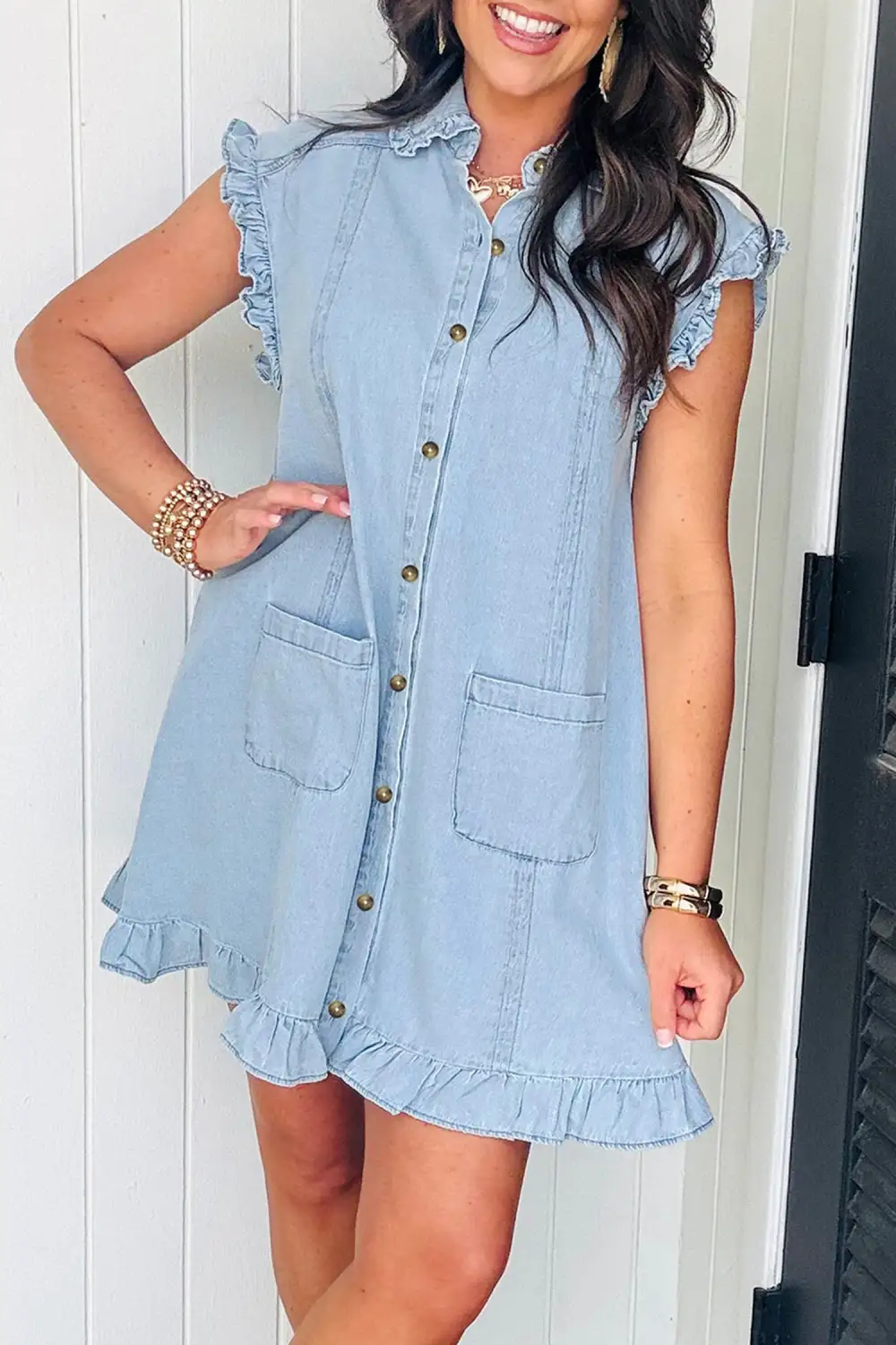 Clean Denim Look Ruffle Trim Pocket Detail Mini Dress