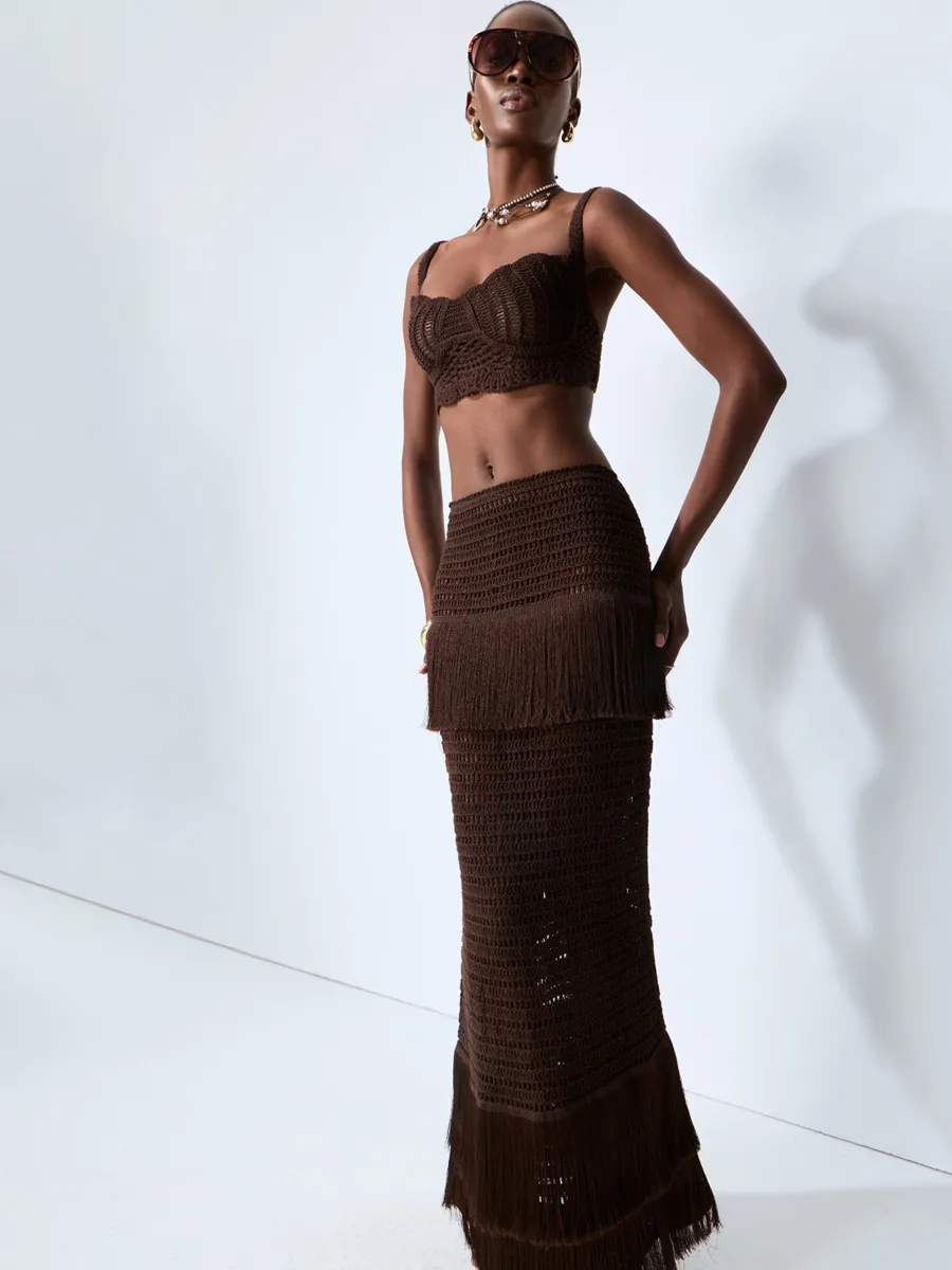 Julia Brown Crochet Knit Top & Fringe Skirt Set