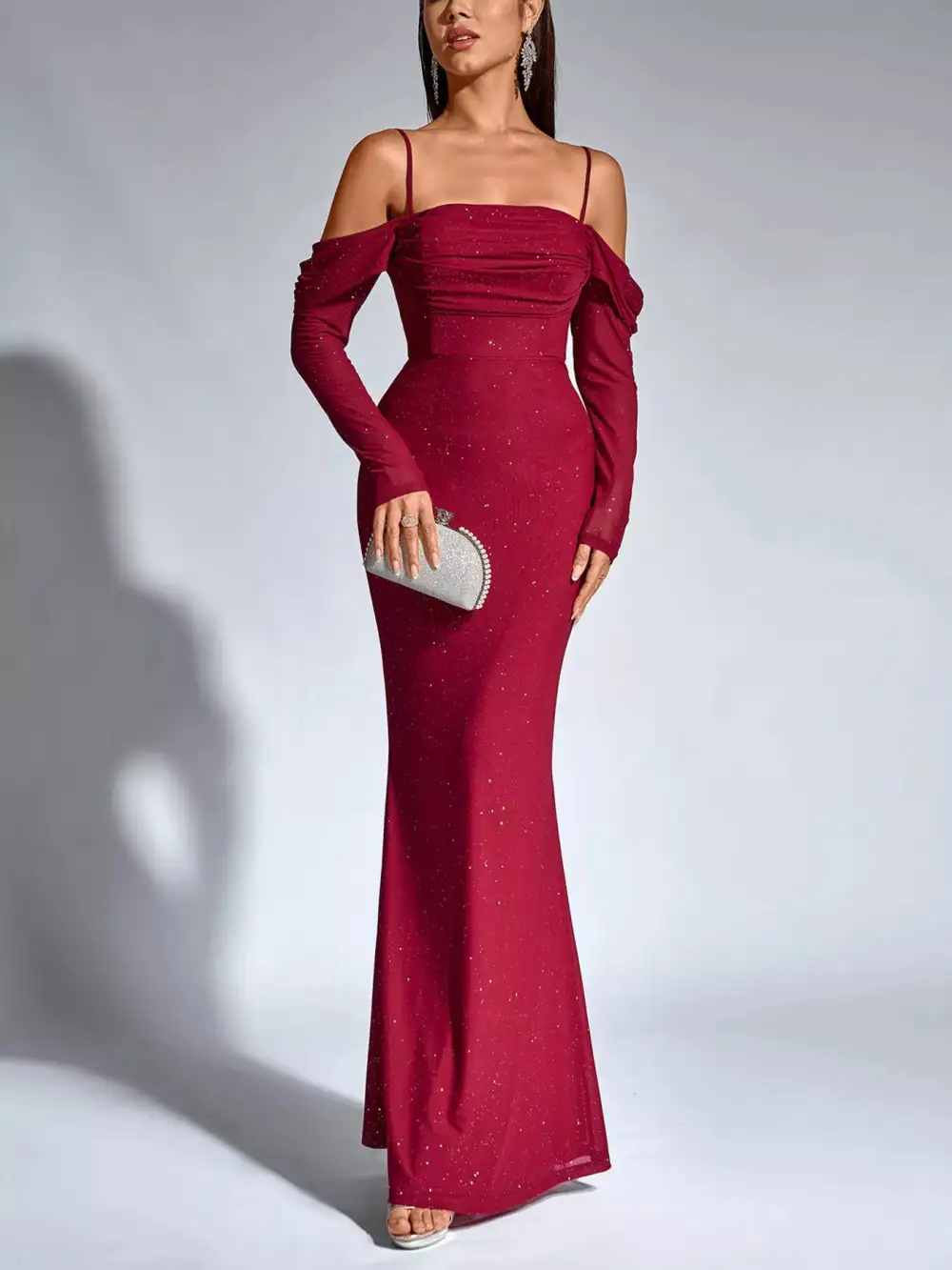 Glitter Ruched Long Sleeve Mermaid Maxi Dress