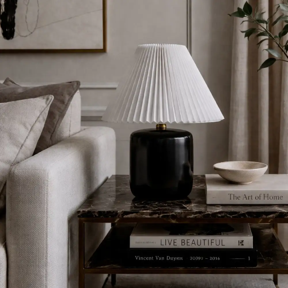 Modern Pleated Ceramic Linen Stone Table Lamp