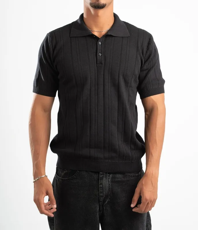 Black Ribbed Knit Polo Shirt