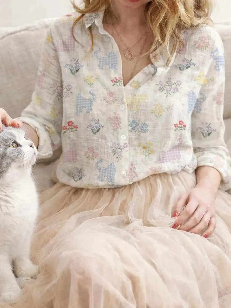 Cat Floral Print Button-Up Shirt
